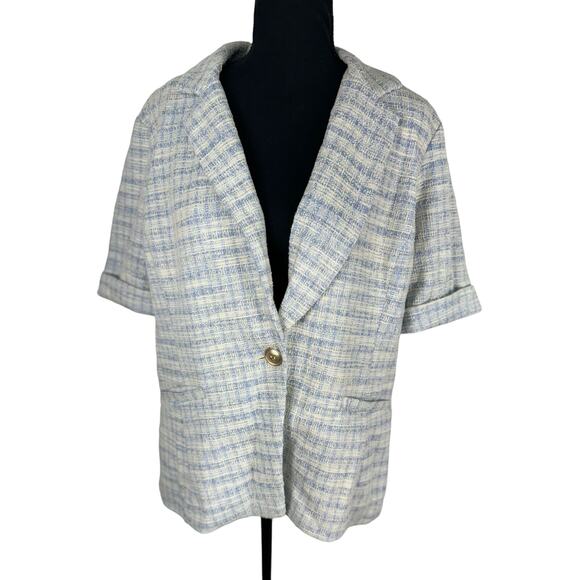 QVC Susan Graver Knit Tweed Short Sleeve Blazer Wind Blue NWOT Size L - Picture 4 of 10